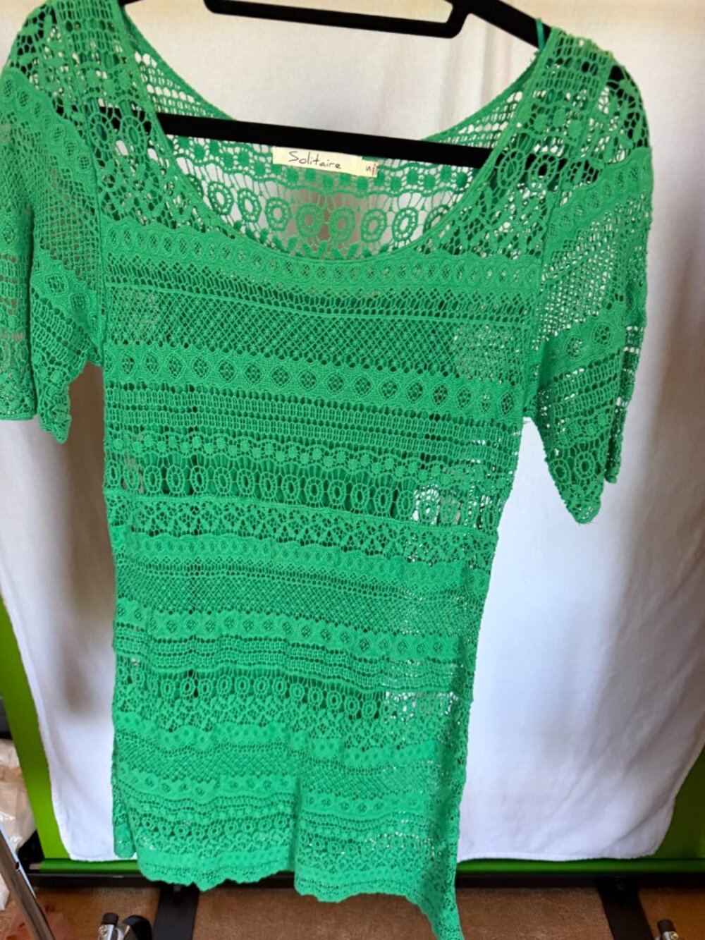 SOLITAIRE Green Crochet Knit Scoop Neck Short Sleeve Dress S